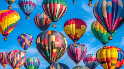 Obraz premium Vibrant hot air balloons soaring in a clear blue sky during a colorful festival at sunrise