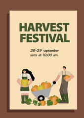 Harvest festival poster featuring a young woman and man collecting pumpkins from a field. Vector in flat style. Perfect for promoting seasonal events, autumn festivals, and farm harvest activities.