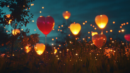 Obraz premium A colorful display of heart-shaped lanterns illuminating a serene landscape during a twilight celebration