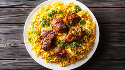 Delicious lamb biryani with fragrant basmati rice, tender lamb, aromatic spices, and fresh herb garnish