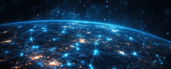 Obraz premium World's tech communication display with global networks and info currents in a web banner