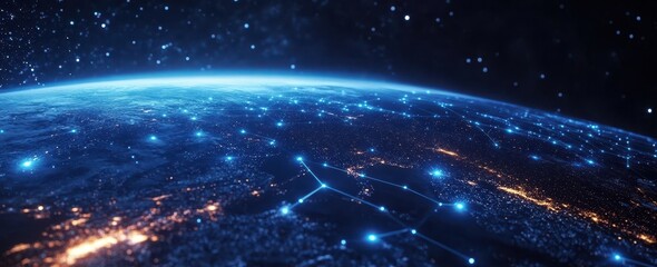 Obraz premium Earth's digital tech visualization with worldwide connections and information streams in a web banner
