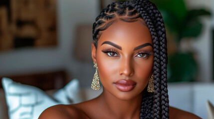 Close-up of a beautiful black woman with box braids and neutral makeup. Portrait of a woman with braided hair and warm skin tone.