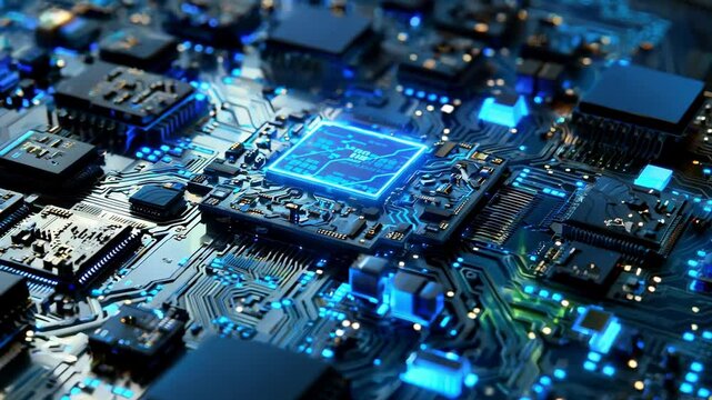 Close-up of a modern circuit board with blue lights, showcasing intricate technology and electronic components.