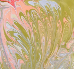 Fotobehang Ebru painting in water. Art Abstract beige pink color blots background. Marble paper texture. Horizontal long banner.. © Liliia