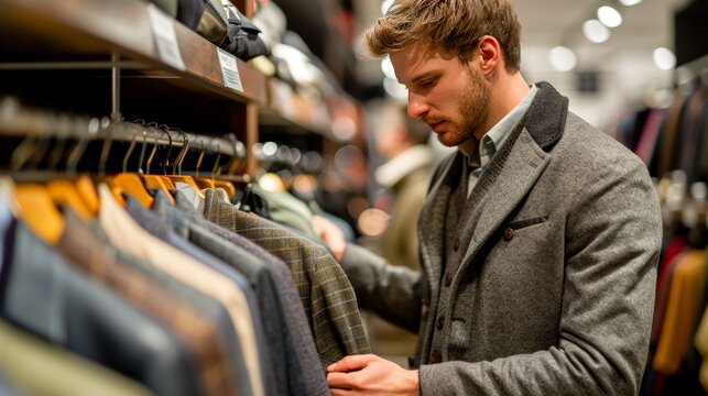 Stylish man shopping for business attire in mall for professional wardrobe upgrade