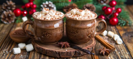 Two Mugs of Hot Chocolate with Marshmallows on a Wooden Table with Christmas Decorations