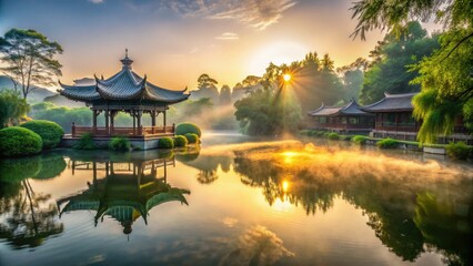Fototapeta premium misty morning sun casts golden light on tranquil water, surrounded by lush greenery and traditional Chinese pavilions in the distance.