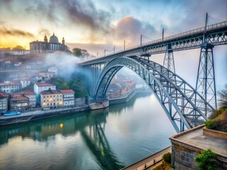 Obraz premium Misty winter morning in Oporto, Portugal, with a foggy view of the upper deck of Dom Luis Bridge, its metal structure looming through the mist.