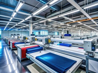 Modern automated garment factory interior showcasing high-tech laser fabric cutting machine efficiently processing textiles with precision and speed in a manufacturing facility.