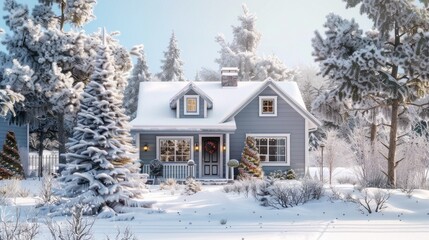 Nestled in a winter wonderland, a cozy home adorned with Christmas decorations stands amidst fresh snow and tall, frosted trees, creating a peaceful holiday atmosphere