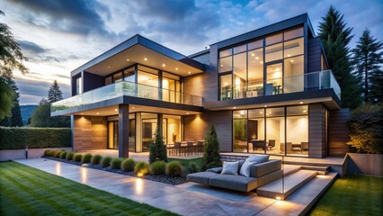 Modern exterior of a luxurious residence at dusk, featuring sleek lines, large windows, and atmospheric outdoor lighting that highlights its sophisticated architectural design.
