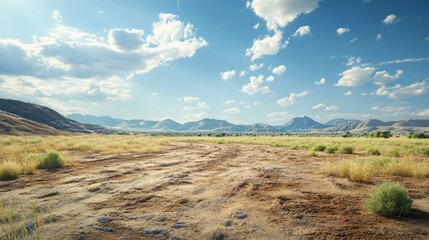 Fototapeta premium Expansive dry land stretches to the horizon, framed by distant mountains under a radiant sky filled with soft clouds, capturing the serenity of nature in afternoon warmth