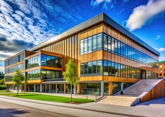 Obraz premium Modern Hellerud Public High School building in Oslo, Norway, showcasing sleek architecture and vibrant surroundings on a sunny summer day in August.