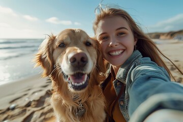 happy young woman with blond hair taking a selfie with her dog on sea beach