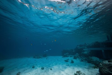 Obraz premium Dark blue ocean surface seen from underwater sea diving deep seascape aquatic background with calmness purity tropical texture