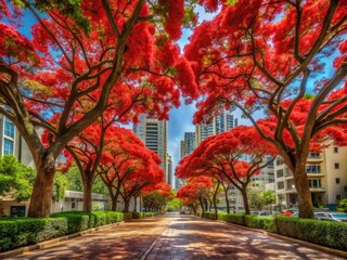 A grand, towering tree with a vibrant red canopy frames the cityscape of Tel Aviv, its blossoms a pop of color against the urban architecture.