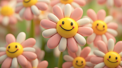 Many small daisies with smiley faces on a pastel background. The flowers are done in a 3d clay style with pink and white petals