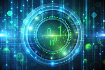 Modern minimalist design featuring linear light green numbers on a circular bokeh backdrop with light blue lines, evoking a sense of futuristic innovation and technology.