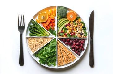 Plate divided into sections each filled with a variety of healthy foods representing a balanced diet