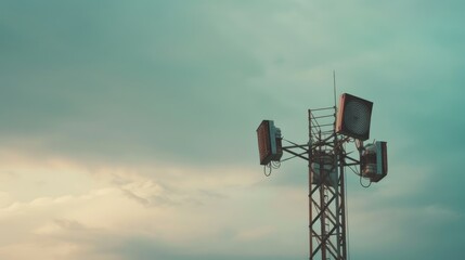 Emergency Alert System Large metal structure featuring dual gray speakers beneath a cloudy sky Improving urban safety by signaling emergencies Area reserved for text