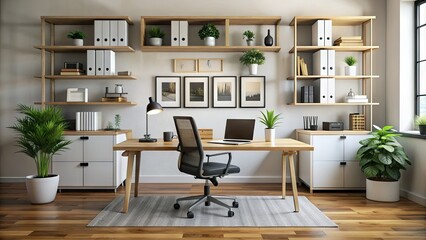 Modern office setup featuring a sleek desk, ergonomic chair, laptop, and files, surrounded by stylish shelves, art frames, and technology, in a minimalist workspace.