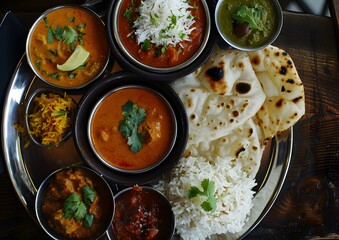 Authentic Indian Thali with Assorted Curries and Rice