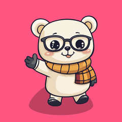 A cute bear with glasses and a scarf is waving, a simple flat vector illustration with a solid color background.