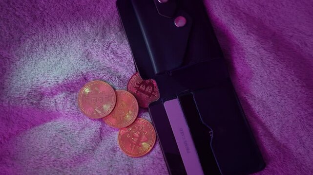Wallet with credit cards and bitcoin digital asset gold coins BTC. Digital crypto coin and cryptocurrency. Concept of exchange market and online trading. Trading in bull and bear markets