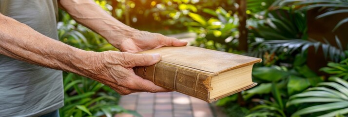 Close-Up of Senior Hands Carefully Holding a Vintage Antique Book, With Tropical Plants Background