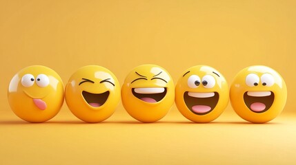 High-quality 3D round yellow cartoon bubble emoticons designed for social media, featuring emoji characters for messaging.