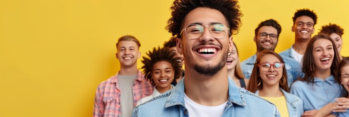 Diverse Group of Happy, Smiling Friends Posing Together on a Vibrant Yellow Background