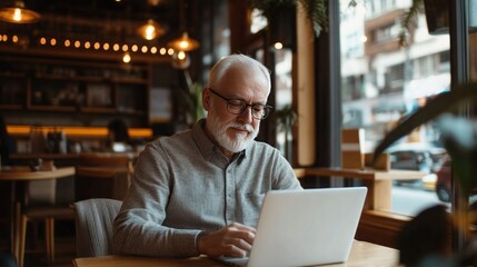 Middle aged man working on laptop at table in coffee shop