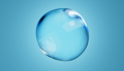 Abstract water bubble on blue background. Blue distorted droplet floating, Purity concept. 3d render illustration
