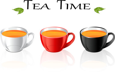Set of cups with reflection.Vector illustration with a set of colorful tea cups with reflection on a transparent background.