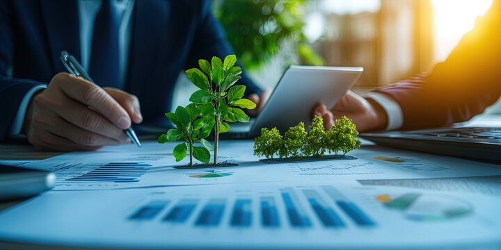 A professional background with corporate leaders discussing environmental goals, graphs displaying sustainability metrics, 