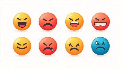 Fototapeta premium Set of emoticon icons featuring a collection of emoji faces in flat style. Includes happy, smiling, neutral, sad, and angry emojis, with line-style smiley faces. Stock vector.