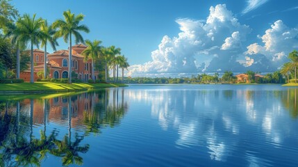 Obraz premium Luxury lakeside villa with palm trees and reflections - generative ai