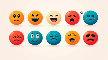 Obraz premium Set of emoticon icons featuring a collection of emoji faces in flat style. Includes happy, smiling, neutral, sad, and angry emojis, with line-style smiley faces. Stock vector.