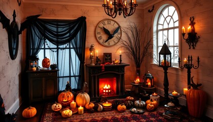 Obraz premium A cozy living room decorated for Halloween with a fireplace, candles, pumpkins, and a spooky clock.