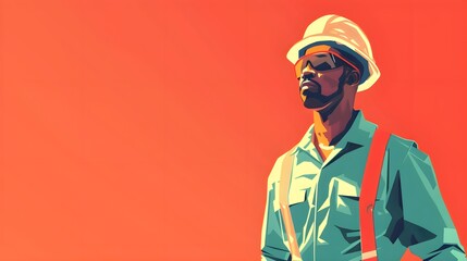 High-Quality Construction Worker Illustration for Labor Day with a Simple Plain Orange Background Perfect for Posters and Banners