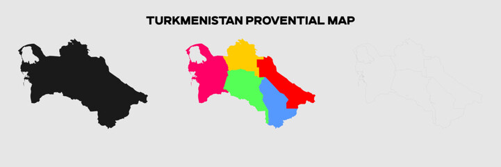 Turkmenistan Provencial Map in colors. EPS file also in selhoutte and outlined form. Editable EPS file.