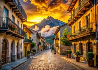 Fototapeta premium Narrow cobblestone street lined with historic buildings and ornate balconies leads to a breathtaking mountain vista under a warm, golden evening sky with puffy clouds.