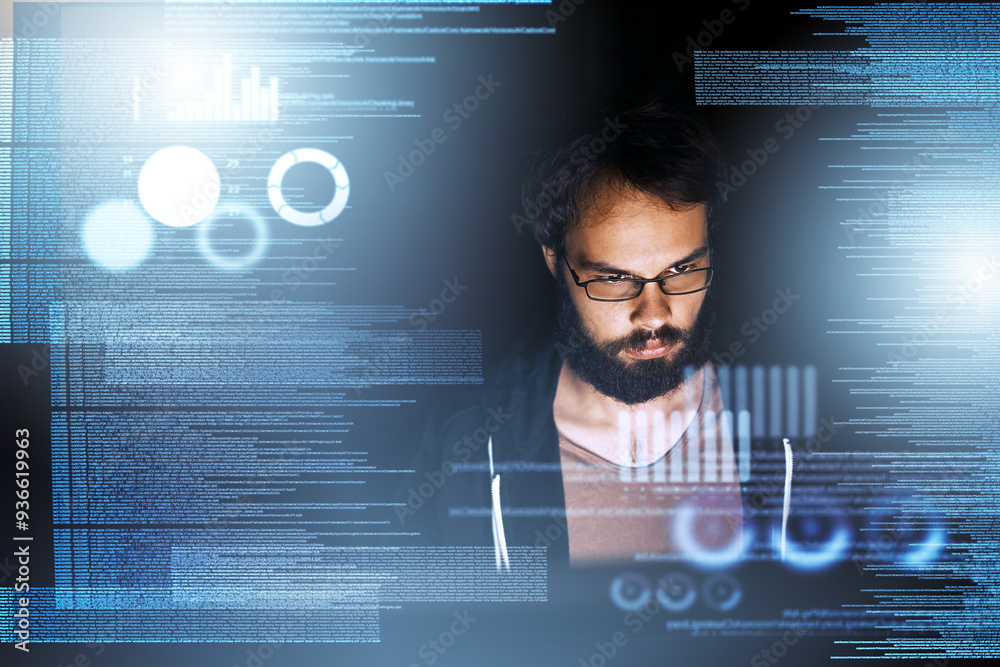 Poster Businessman, data and night with overlay in coding for future analytics, statistics or dashboard at office. Young male person or programmer working late on technology in graph analysis or programming
