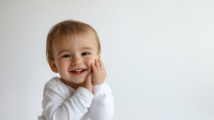 Fröhliches Europäisches Kleinkind posiert im Studio für Werbeaufnahmen