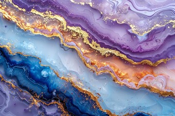 Abstract Swirling Purple and Blue Marble Texture with Golden Veins