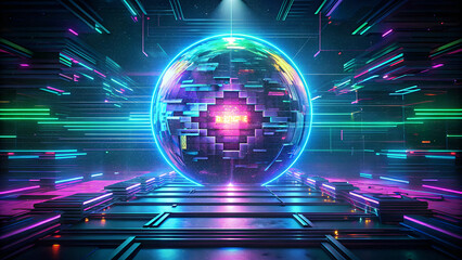 Fototapeta premium Futuristic neon sphere glowing with vibrant colors in a digital circuit environment 