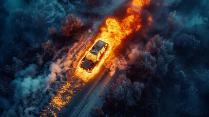 Fiery car explosion in the wilderness - generative ai