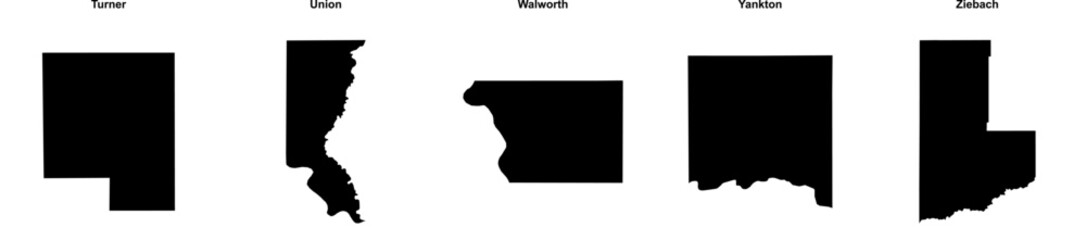 Turner, Union, Walworth, Yankton, Ziebach outline maps