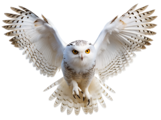 The white owl is spreading its wings and flying isolated on a transparent background